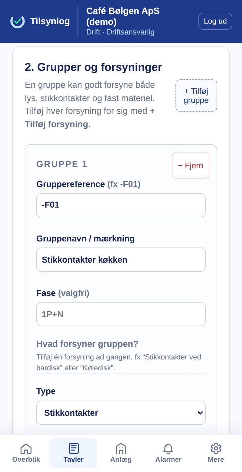 Registreringen i driftsportalen med gruppe -F01 "Stikkontakter køkken" og dens forsyning.