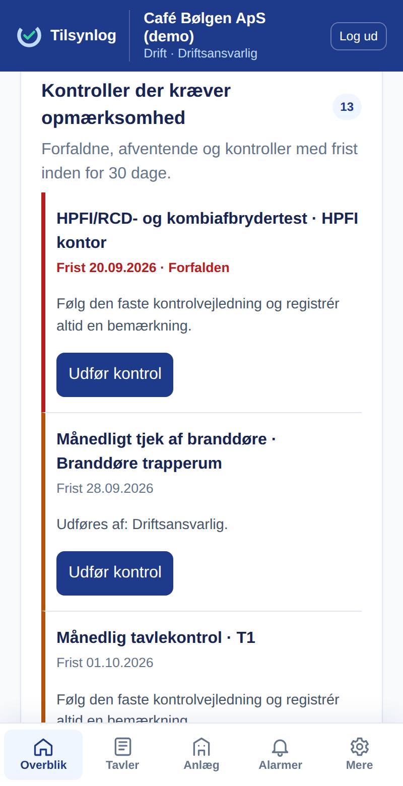 Overblikket med kontroller, der kræver opmærksomhed, og en forfalden HPFI-test øverst.