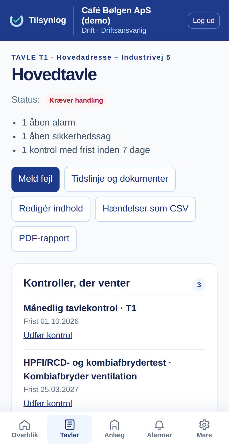 Tavlens driftsjournal med status, knapper til PDF-rapport og CSV og de kontroller, der venter.